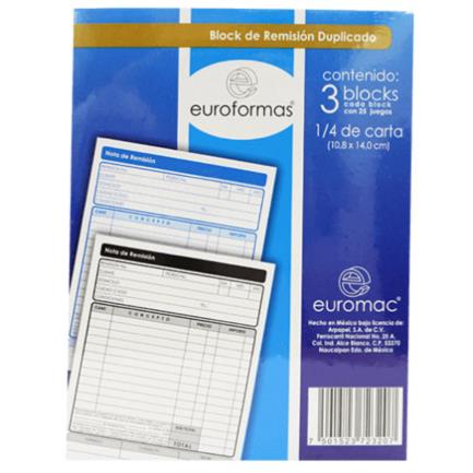 Block Euroformas Remisión Duplicado 1/4 Carta con 25 Juegos 3 Blocks