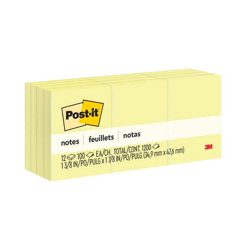 Notas 3M Post It 653 1.5x2" Amarillo Paquete 100 Hojas con 12 piezas
