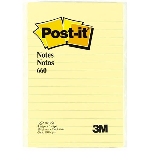 Notas 3M Post It 660 4x6 Rayado Color Amarillo 100 Hojas con 24 piezas