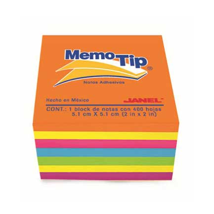 Notas Adhesivas Janel Memo Tip Mini Cubo 2X2 Neón con 400 piezas