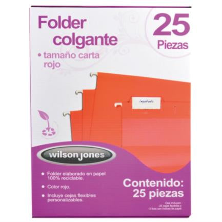 Folder Acco Colgante Carta Color Rojo con 25 Piezas