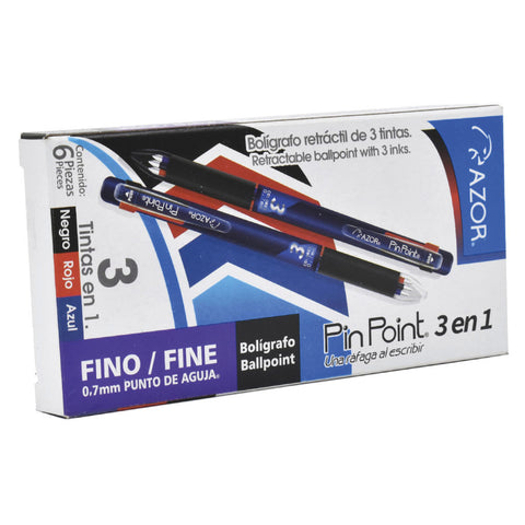 Bolígrafo Azor Pin Point Retráctil 3 en 1 Negro Azul y Rojo Punto Fino 0.7mm Caja con 6