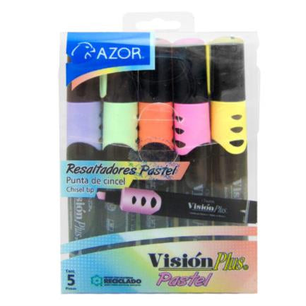 Marcador Resaltador Visión Plus Pastel Redondo Punta Cincel Colores Surtidos con 5 piezas