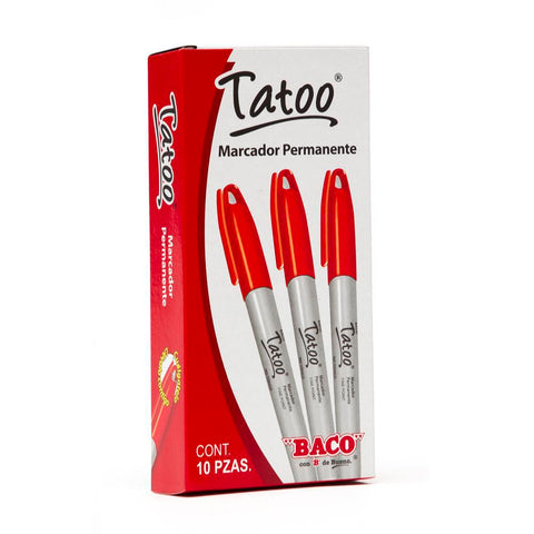 Marcador Baco Tatoo Permanente Punto Fino Color Rojo con 10 piezas