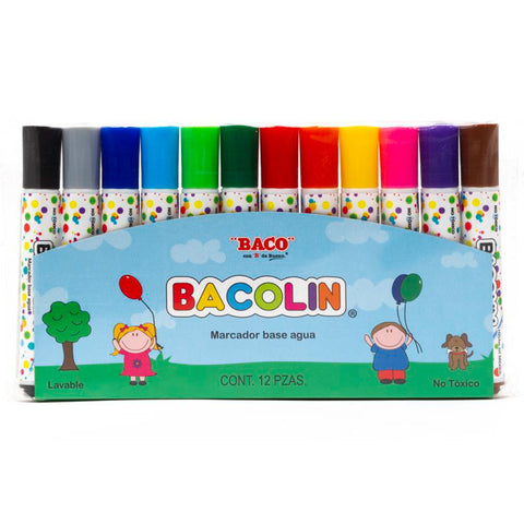 Marcador Baco Base Agua Bacolin Lavable con 12 Colores