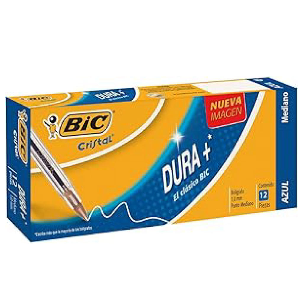 Bolígrafo Bic Cristal Dura+ Punto Mediano 1.0mm con 12 piezas Azul