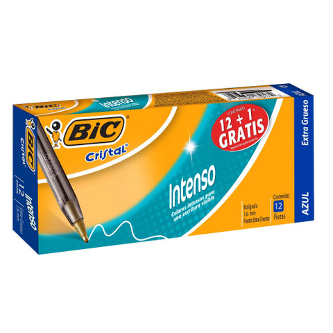 Bolígrafo Bic Cristal Intenso Punto Extra Grueso 1.6mm Color Azul con 12 piezas