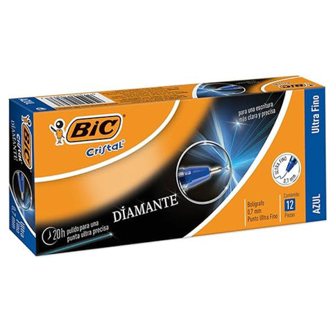 Bolígrafo Bic Cristal Precisión y Suavidad Punto Ultra Fino 0.7mm Color Azul con 12 piezas