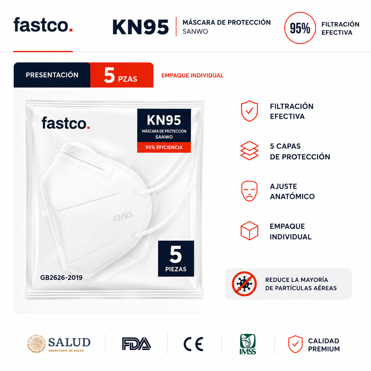 Cubrebocas KN95 Blanco · 5 capas · Caja y Mayoreo
