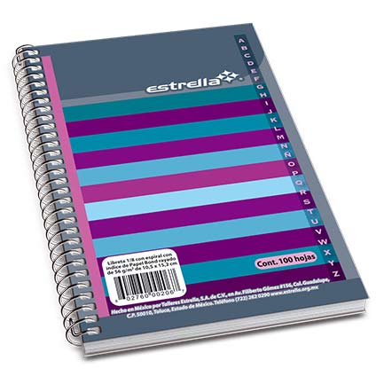 Libreta Estrella 1/8 Espiral Raya con Indice 100 Hojas