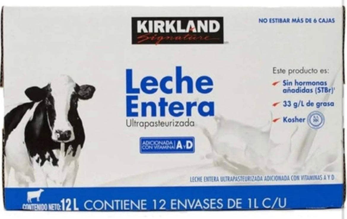 Leche entera kirkland , caja con 12 pzas de 1L