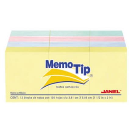 Notas Adhesivas Janel Memo Tip Pastel 1.5"x2" 4 Colores Paquete con 12 piezas