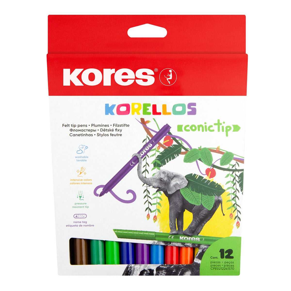 Plumones Lavables Kores Korello de Punta Cónica Estuche con 12 Colores Surtidos