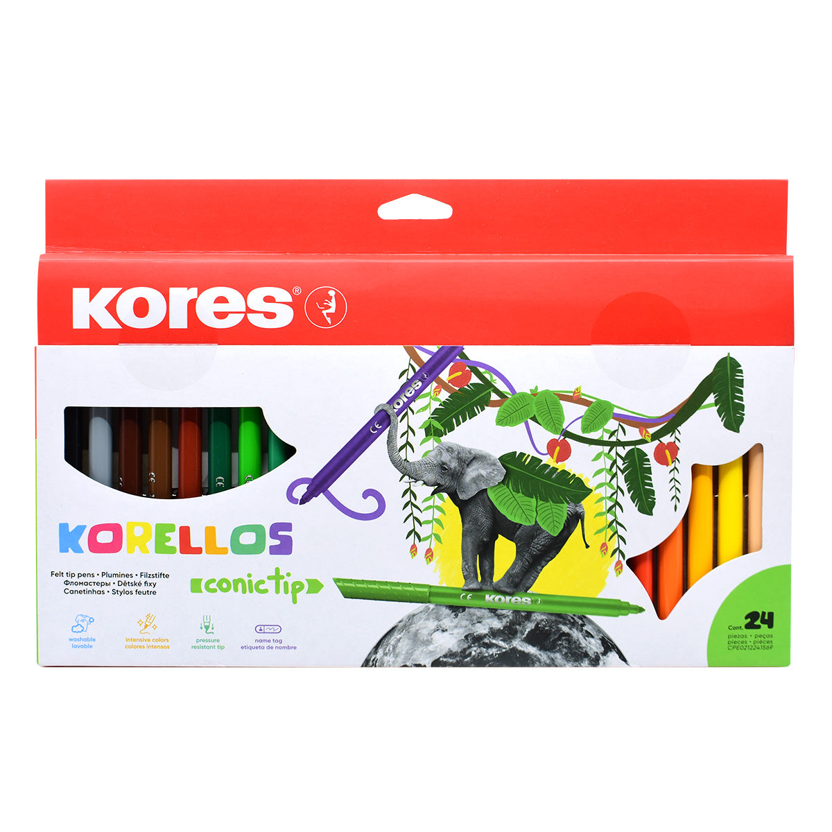 Plumones Lavables Kores Korello de Punta Cónica Estuche con 24 Colores Surtidos
