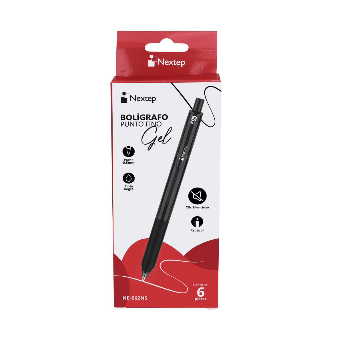 Bolígrafo Nextep Gel Retráctil Silencioso Fino 0.5mm con 6 piezas Negro