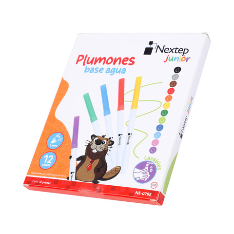 Plumones Nextep Junior Base Agua Lavables Estuche 12 Colores