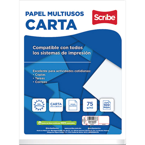 Papel Scribe Bond Multipropósito Carta 5904 Color Blanco 75 g con 24 Paquetes de 100 Hojas