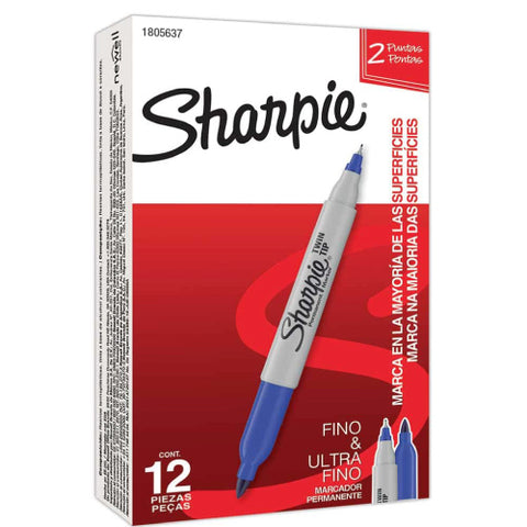 Marcador Permanente Sharpie Twin Doble Punta Fino/ultra Fino con 12 piezas Azul
