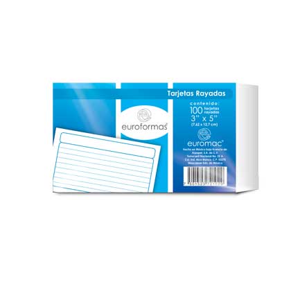 Tarjeta Euroformas Bibliografica Rayada 3X5 con 100 piezas