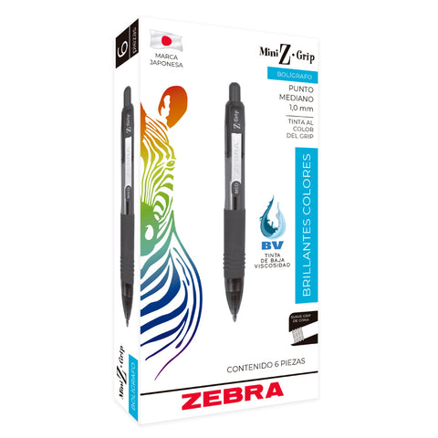 Bolígrafo Zebra Mini Z-Grip Retráctil Punto Mediano 1.0mm con 6 piezas Azul