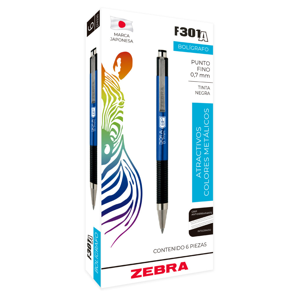 Bolígrafo Zebra F-301 Retráctil Metálico Punto Fino 0.7mm con 6 piezas Azul