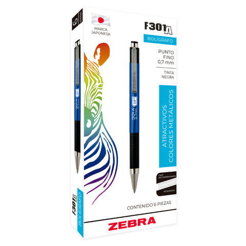 Bolígrafo Zebra F-301 Retráctil Metálico Punto Fino 0.7mm con 6 piezas Azul