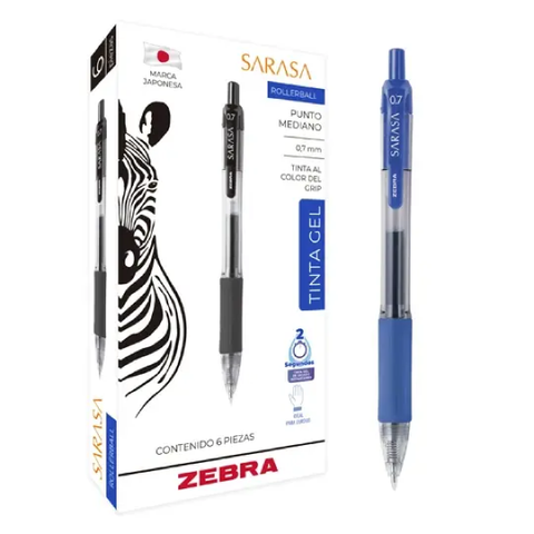 Bolígrafo Zebra Sarasa Retráctil Punto Mediano 0.7m Tinta Gel con 6 piezas Azul