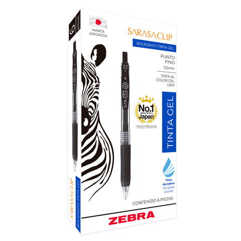 Bolígrafo Zebra Sarasa Retráctil Punto Fino 0.5mm Tinta Gel con 6 piezas Azul