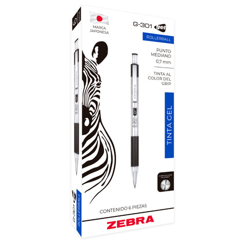 Bolígrafo Zebra Rollerball G-301 Punto Mediano 0.7mm Tinta Gel Color Negro con 6 piezas