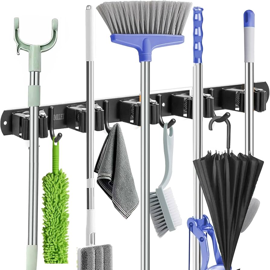 Colgador organizador negro de acero inoxidable de 43 cm para 5 escobas con carga de 13.6 kg