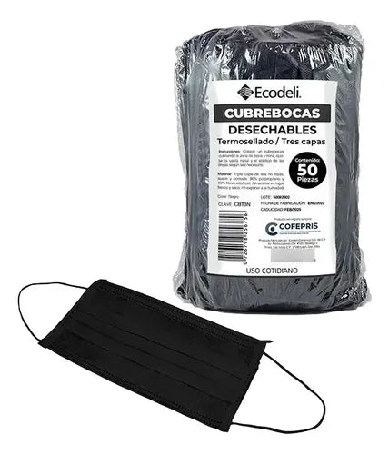 Cubrebocas Tricapa Negro Ecodeli · Paquete 50 pzas