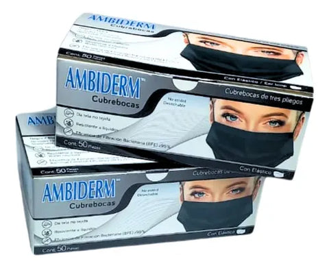 Cubrebocas Tricapa Negro Ambiderm · Caja 100 pzas (2 x 50)