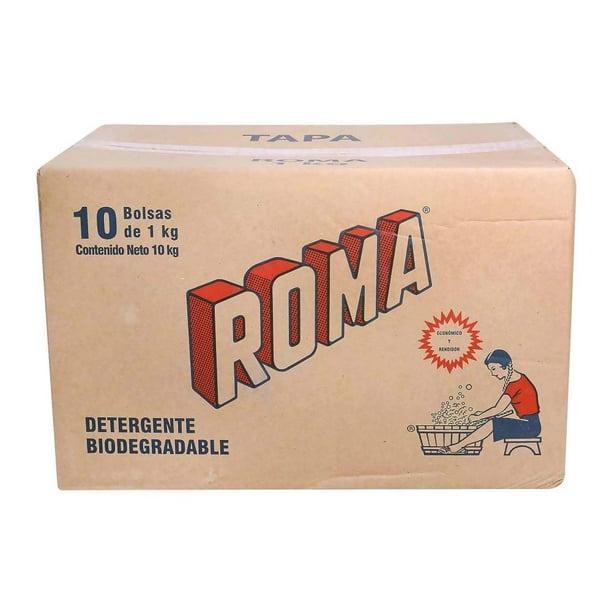 Detergente en polvo Roma biodegradable en caja con 10 bolsas de 1 kg para hoteles y lavanderías