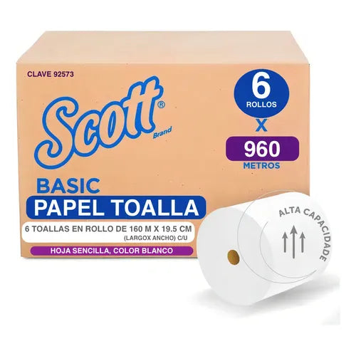 Toalla para manos en rollo Scott, caja con 6 rollos de 160 metros para baño institucional