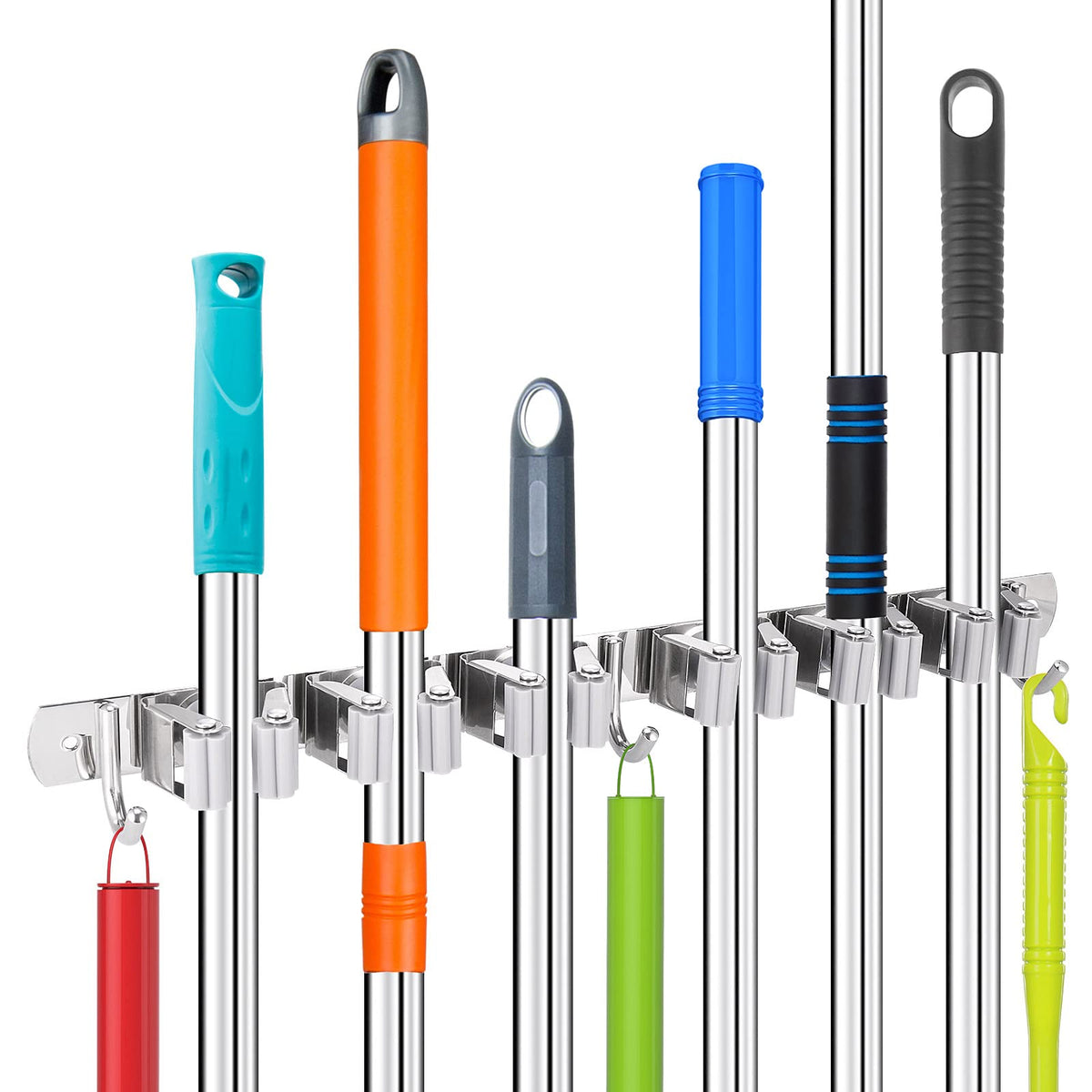 Colgador de pared de acero inoxidable con 7 soportes y 2 ganchos para escobas y trapeadores en cuartos de limpieza