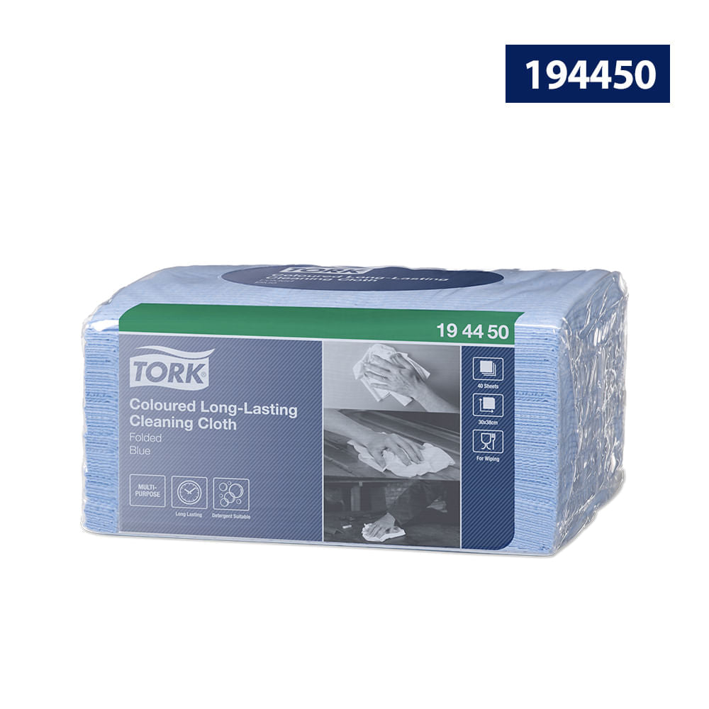 Paño de limpieza Tork de larga duración azul, caja con 8 paquetes de 40 hojas