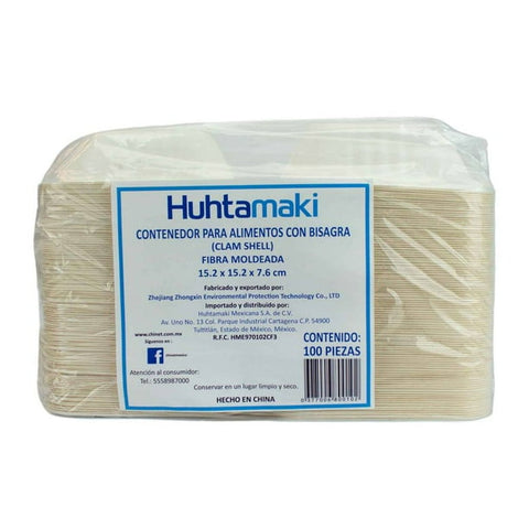 Contenedor para Alimentos con Bisagra de Fibra Moldeada 15.2 x 15.2 x 7.6 cm Huhtamaki · 100 piezas