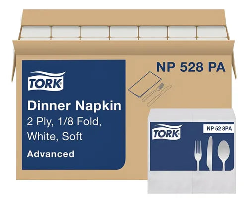 Servilleta Tork Dinner Advanced blanca con doblez en octavo, caja con 28 paquetes