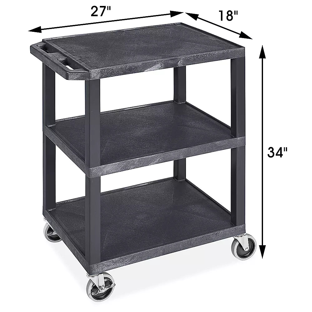 Carrito utilitario compacto negro de 3 repisas planas de 69 x 46 x 86 cm para servicio