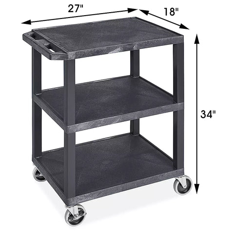 Carrito utilitario compacto negro de 3 repisas planas de 69 x 46 x 86 cm para servicio