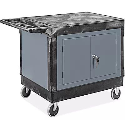 Carrito utilitario gris con gabinete y repisa plana de 112 x 64 x 84 cm para mantenimiento