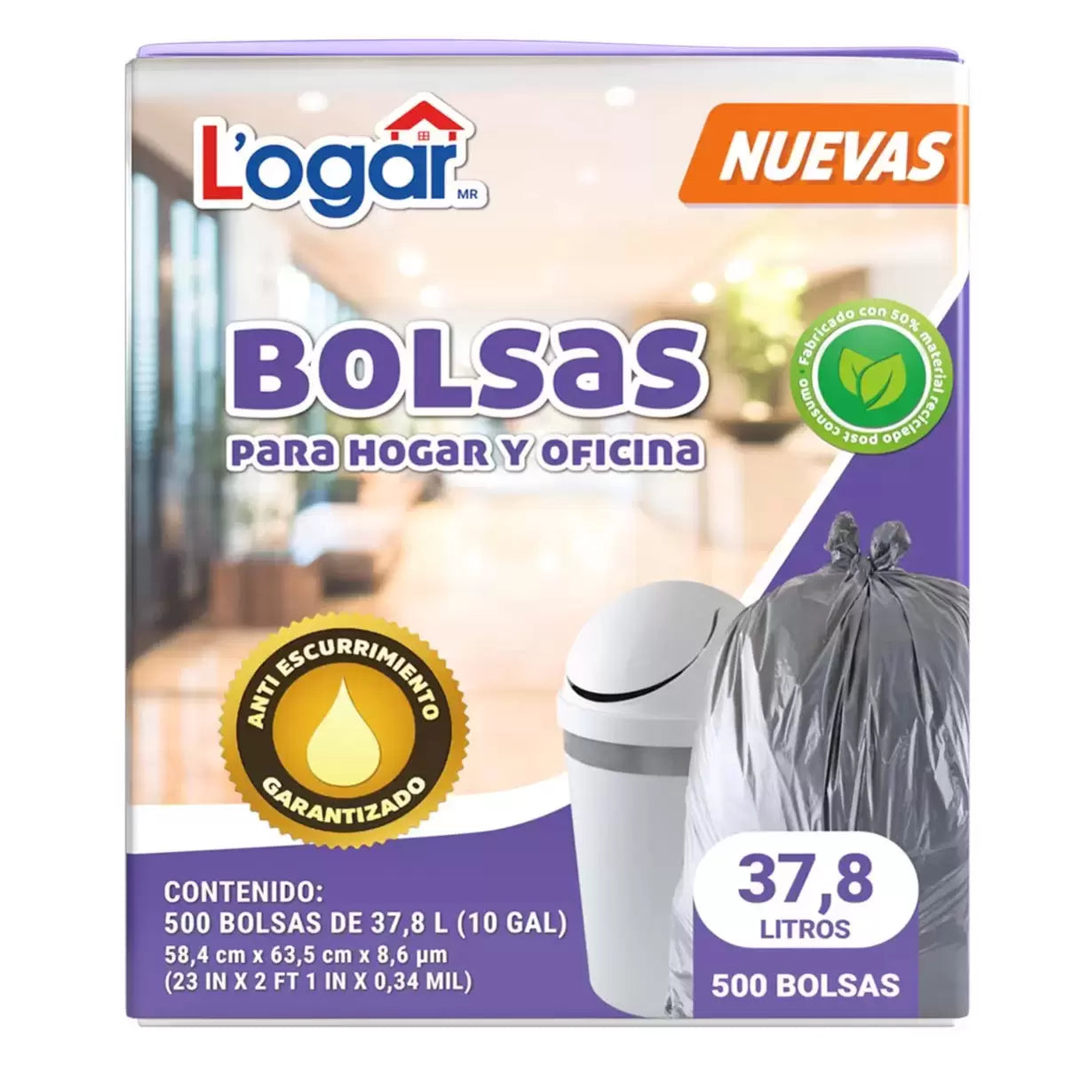 Bolsas para basura Logar, 500 piezas de 37.8 litros para cesto de oficina y baño